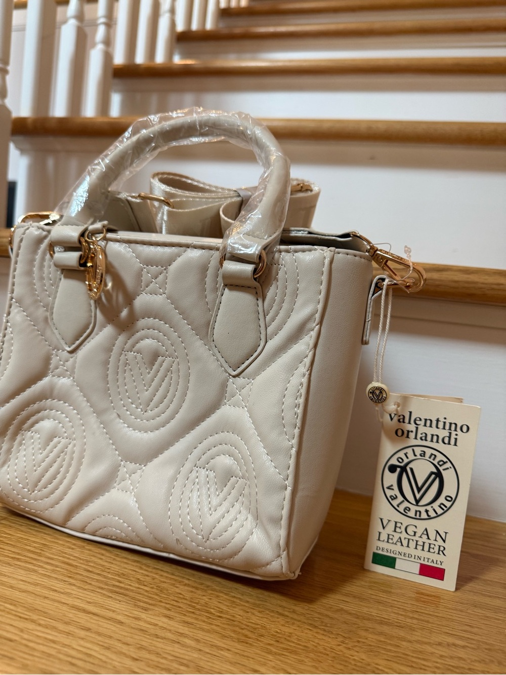 Valentino Orlandi Cream Quilted Vegan Leather Satchel with Gold-Tone Hardware